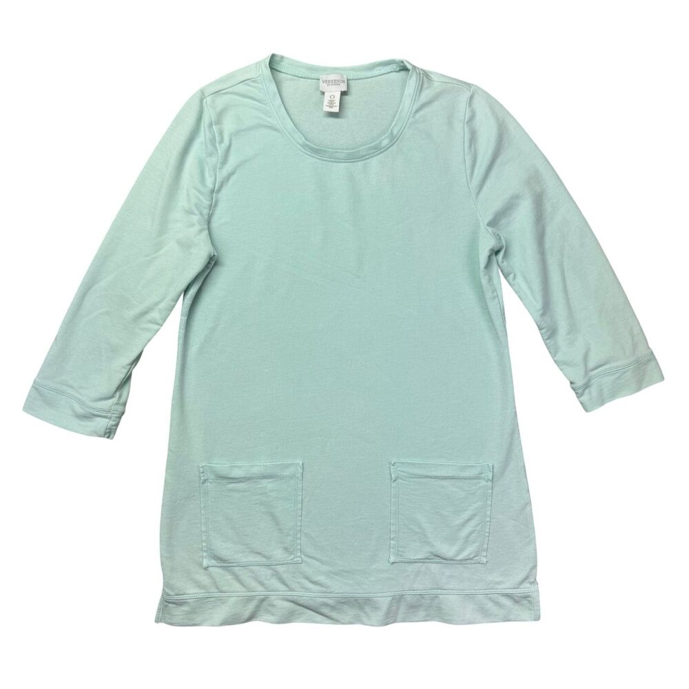 Weekends by Chicos Top Women's 0 Small Green 3/4 Sleeve V Neck Pockets Blouse